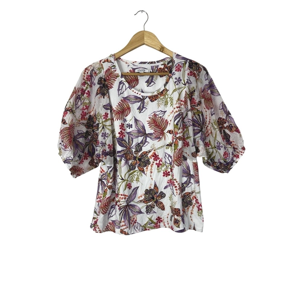 Chico's Boho Floral Top Womens Size 2 Large Multicolor Tropical Beachy Casual